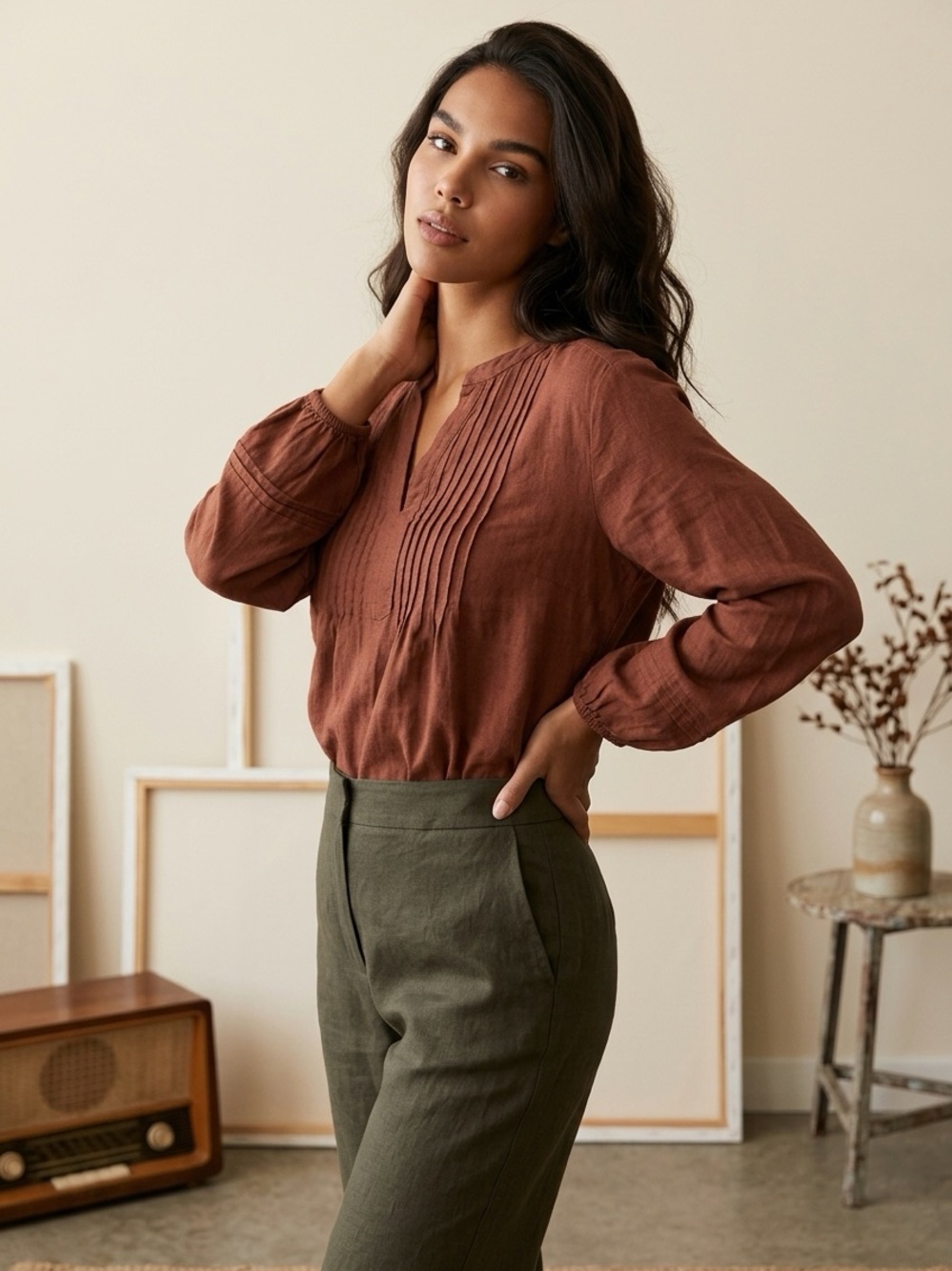 NWT - Sigrid Olsen Rust Pintuck Split-Neck Blouse 100% Linen Sz/M